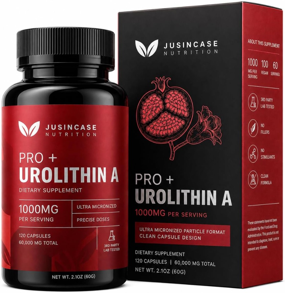 JUSINCASE PRO + Urolithin A bottle and box — 120 capsules, 1000mg per serving